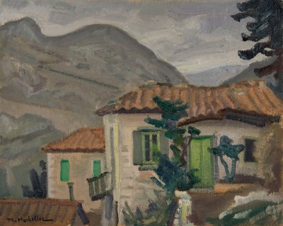 Dimitsana, Houses, Mountains — Oil painting, Canvas, 40.00×50.00cm — Theodoros Markellos